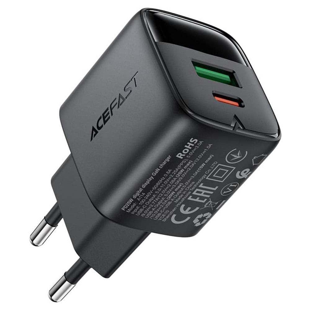 Acefast A114 Display Netwerkoplader, 25W, 3A, 1 x USB-A - 1 x USB-C, Zwart