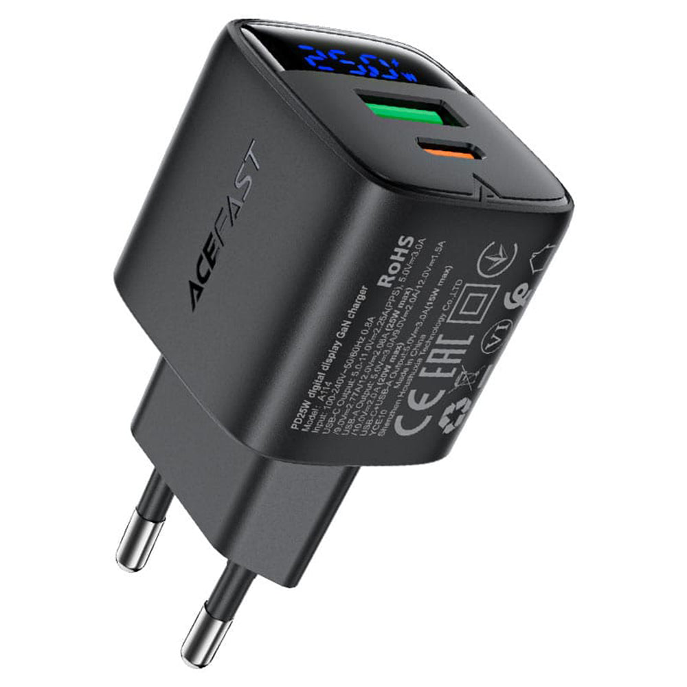 Acefast A114 Display Netwerkoplader, 25W, 3A, 1 x USB-A - 1 x USB-C, Zwart