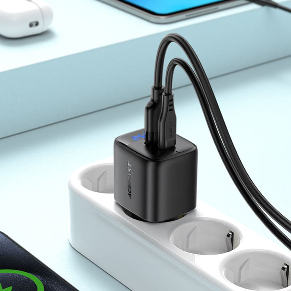 Acefast A114 Display Netwerkoplader, 25W, 3A, 1 x USB-A - 1 x USB-C, Zwart