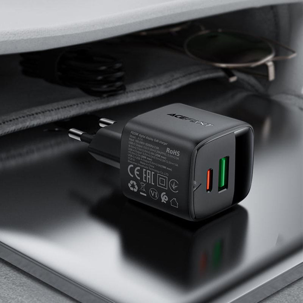 Acefast A114 Display Netwerkoplader, 25W, 3A, 1 x USB-A - 1 x USB-C, Zwart