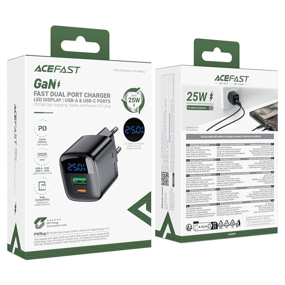 Acefast A114 Display Netwerkoplader, 25W, 3A, 1 x USB-A - 1 x USB-C, Zwart