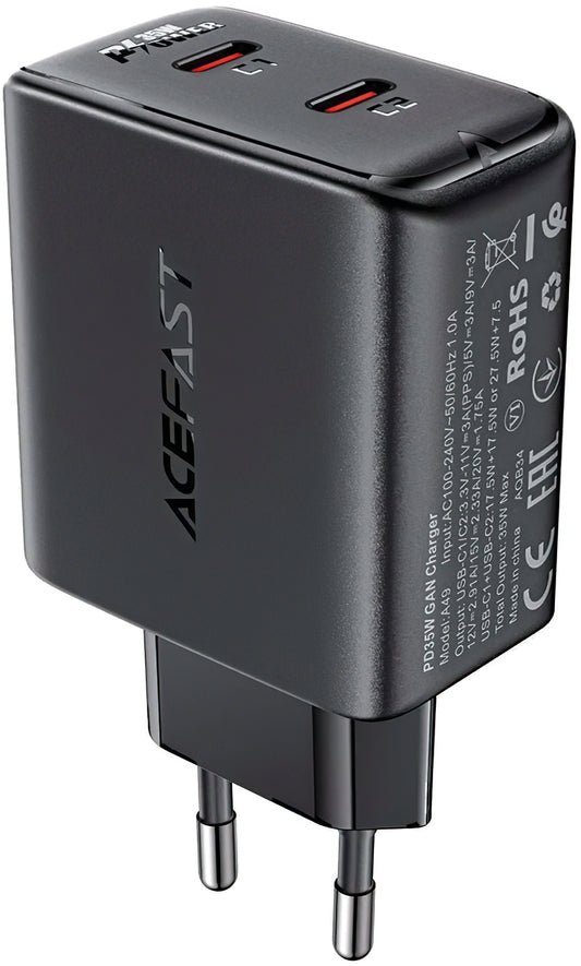 Netwerkoplader Acefast A49, 35W, 3A, 2 x USB-C, Zwart