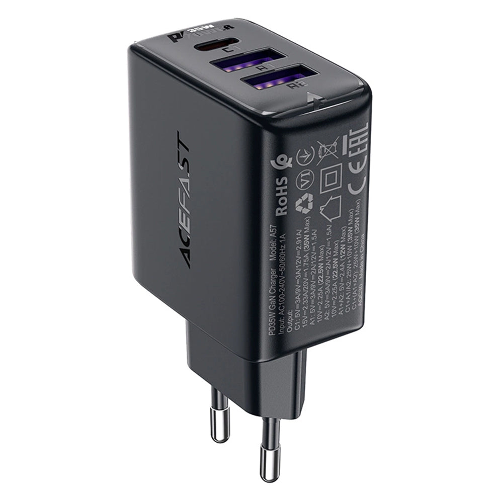 Acefast A57 Netwerkoplader, 35W, 3A, 2 x USB-A - 1 x USB-C, Zwart