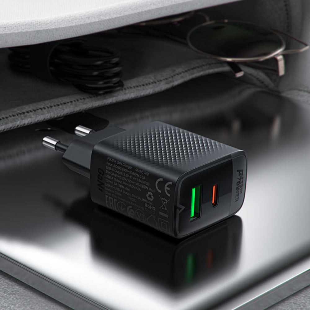 Acefast A78 Netwerkoplader, 20W, 3A, 1 x USB-A - 1 x USB-C, Zwart