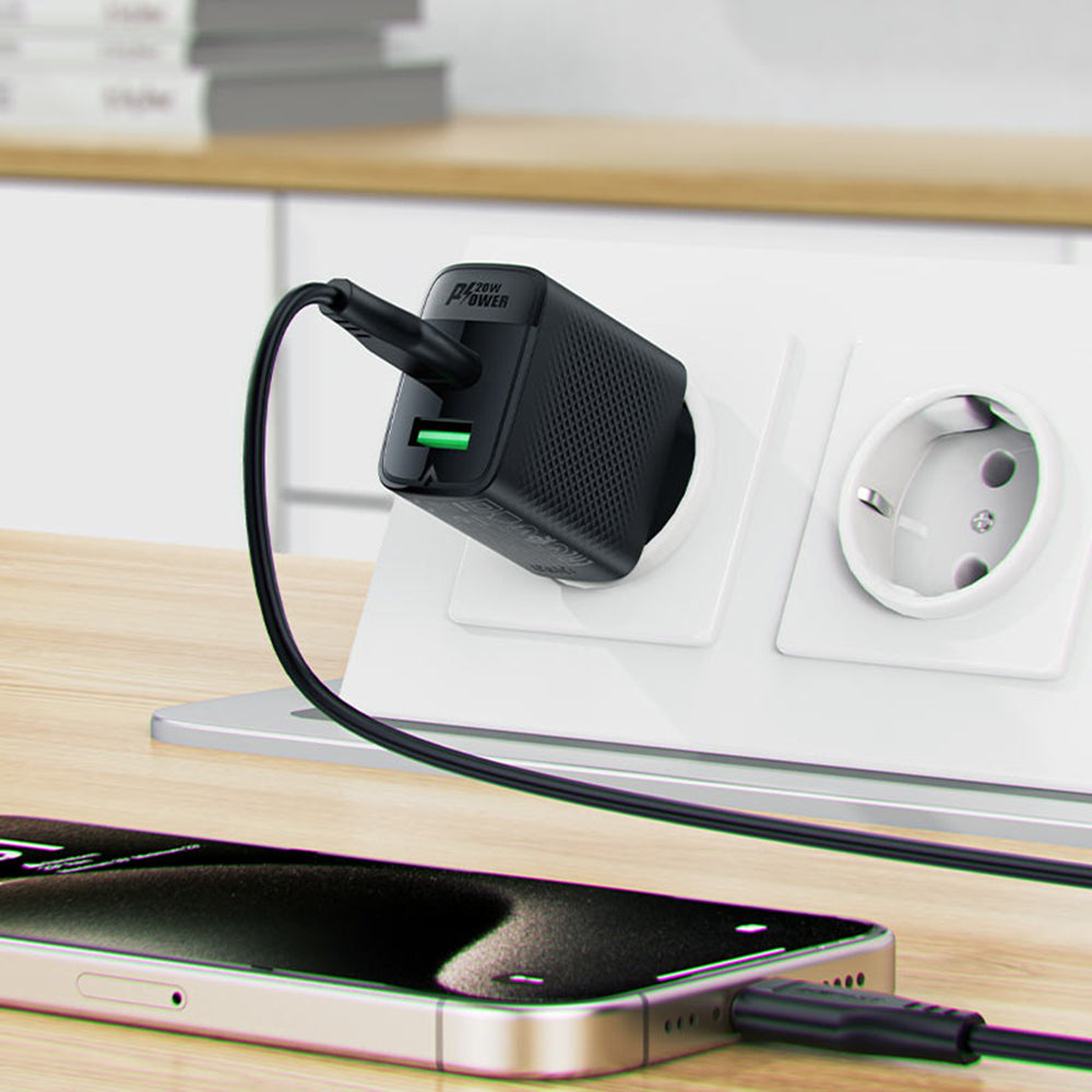 Acefast A78 Netwerkoplader, 20W, 3A, 1 x USB-A - 1 x USB-C, Zwart