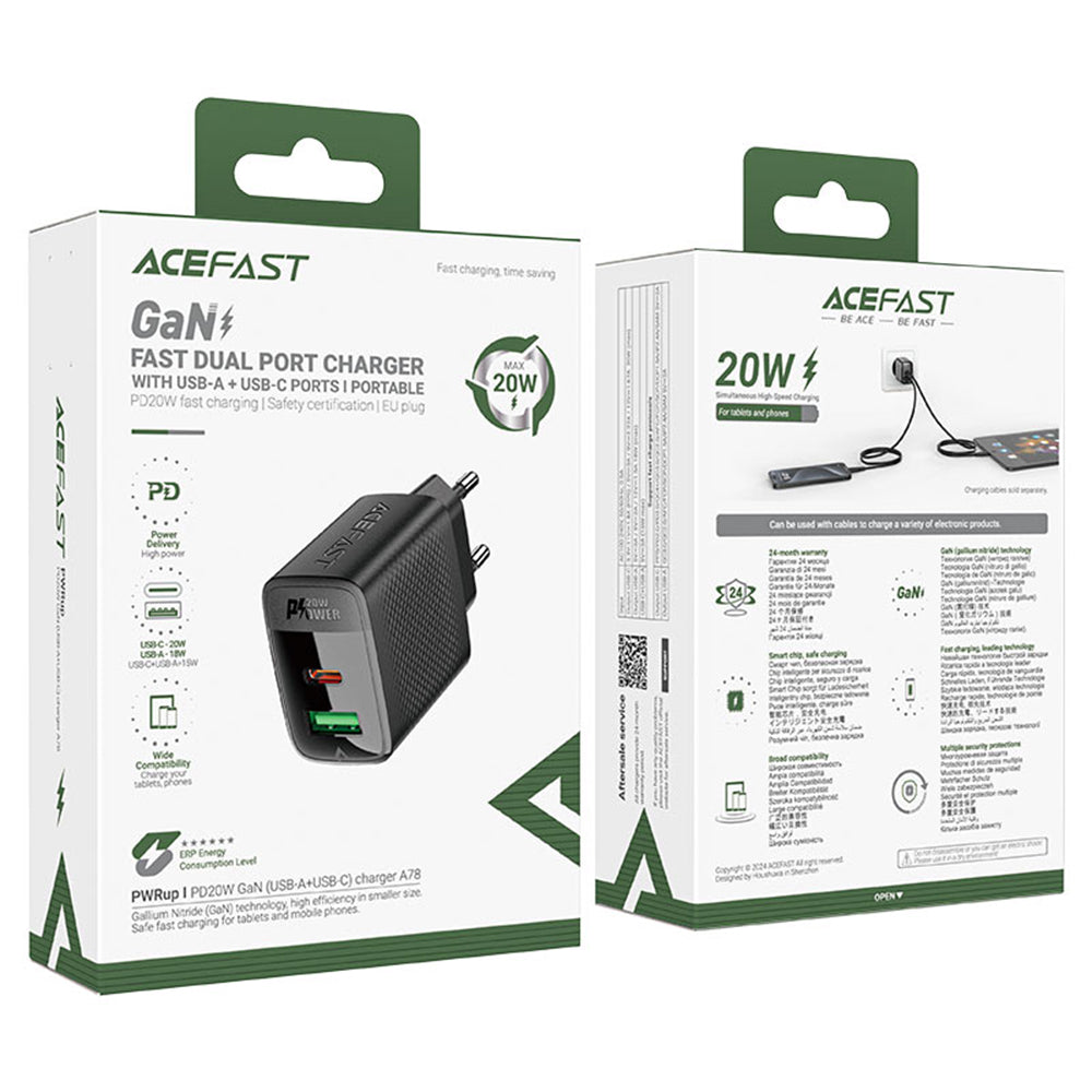 Acefast A78 Netwerkoplader, 20W, 3A, 1 x USB-A - 1 x USB-C, Zwart