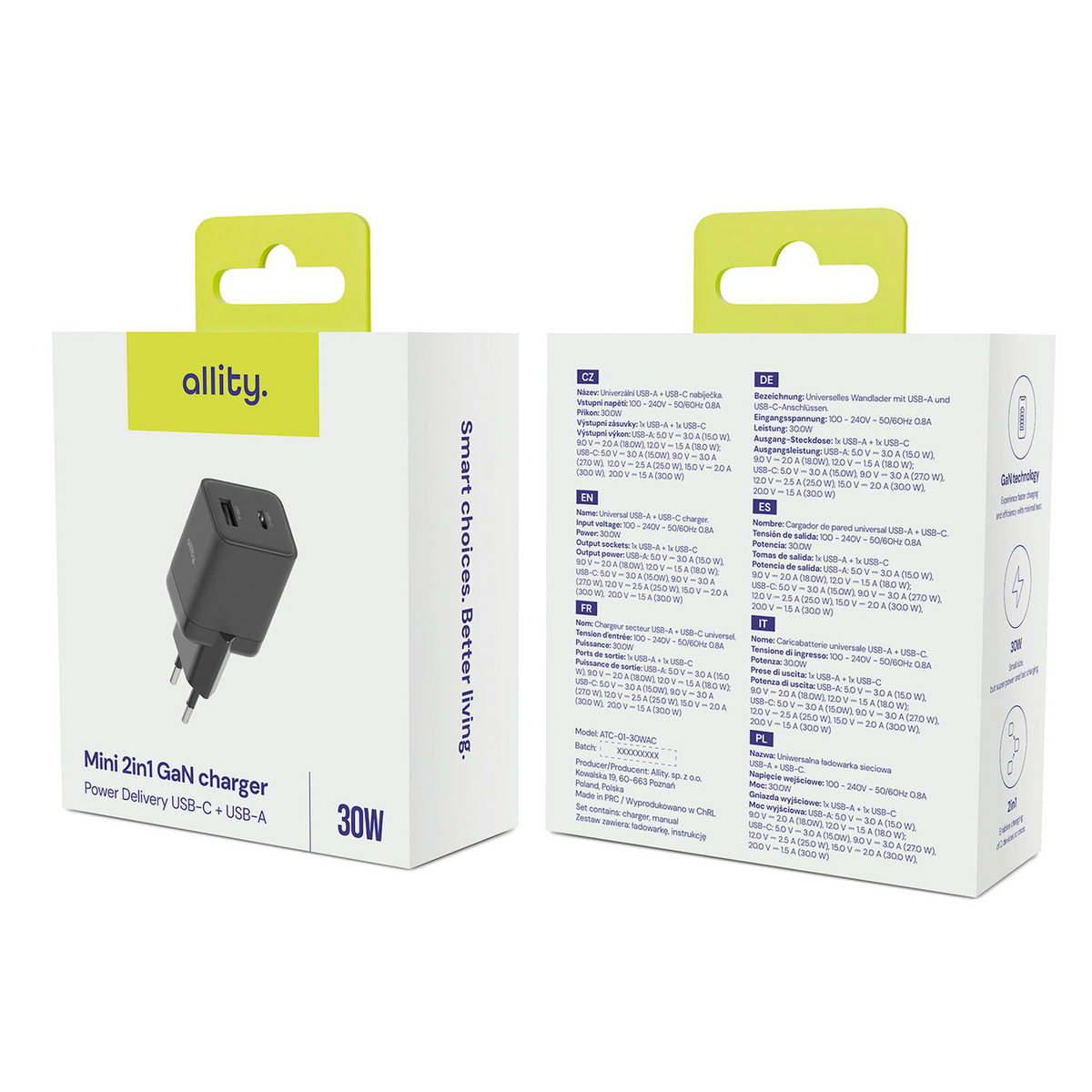 Allity Netwerkoplader. ATC-01-30WAC Mini, 30W, 3A, 1 x USB-A - 1 x USB-C, Zwart