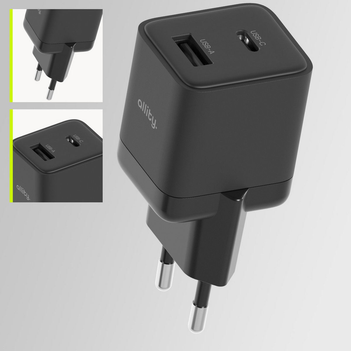 Allity Netwerkoplader. ATC-01-30WAC Mini, 30W, 3A, 1 x USB-A - 1 x USB-C, Zwart
