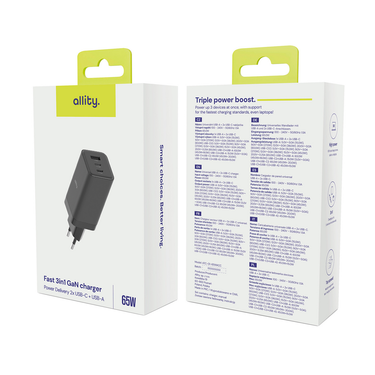 Allity Netwerkoplader. ATC-01-65WACC Fast, 65W, 3.25A, 1 x USB-A - 2 x USB-C, Zwart