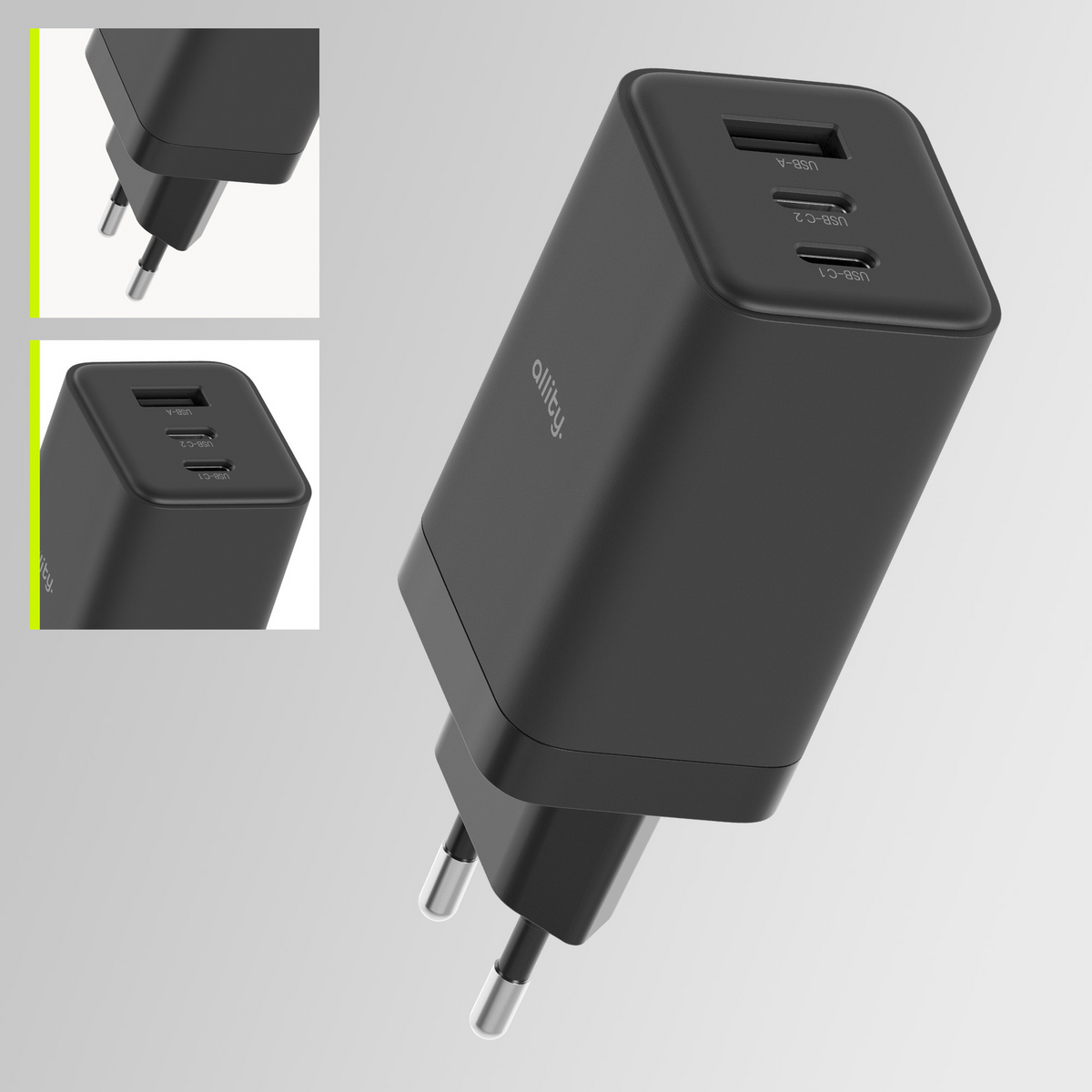 Allity Netwerkoplader. ATC-01-65WACC Fast, 65W, 3.25A, 1 x USB-A - 2 x USB-C, Zwart