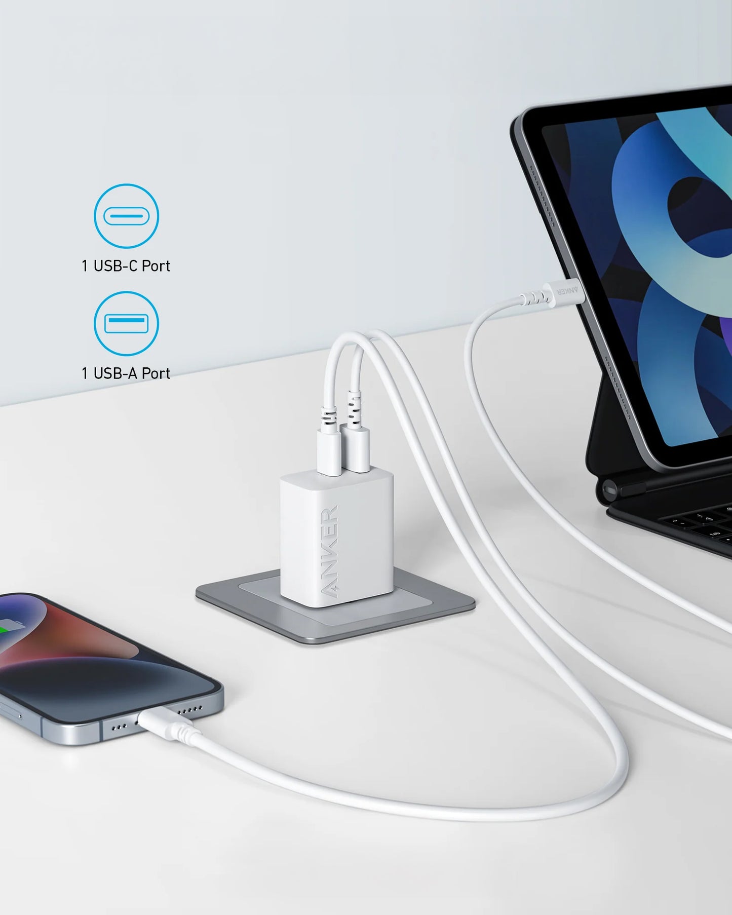 Anker 312 Netwerkoplader, 20W, 3A, 1 x USB-A - 1 x USB-C, Wit A2348G21