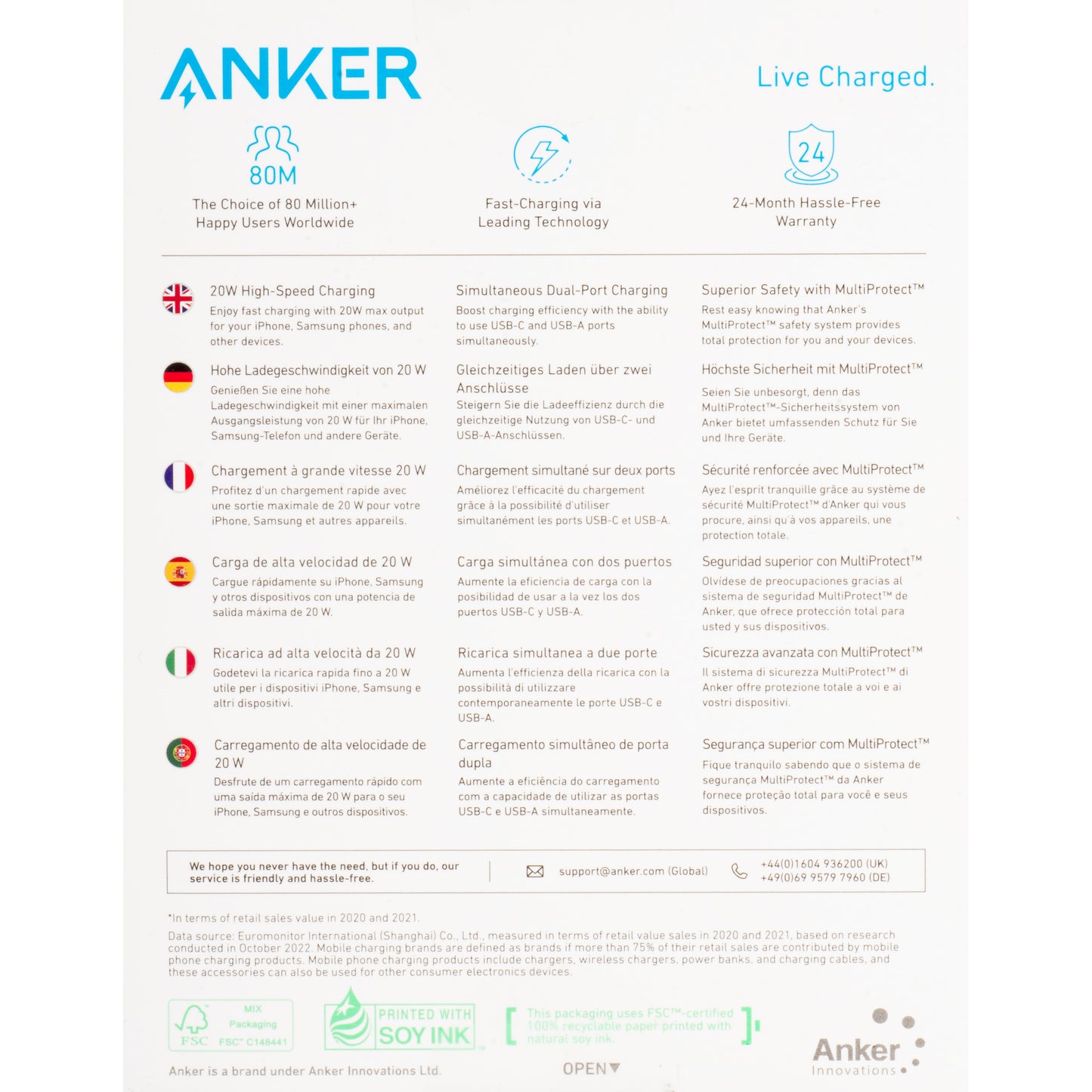 Anker 312 Netwerkoplader, 20W, 3A, 1 x USB-A - 1 x USB-C, Wit A2348G21