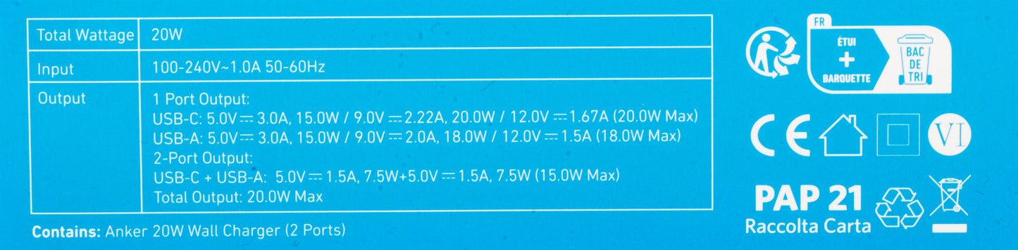 Anker 312 Netwerkoplader, 20W, 3A, 1 x USB-A - 1 x USB-C, Wit A2348G21