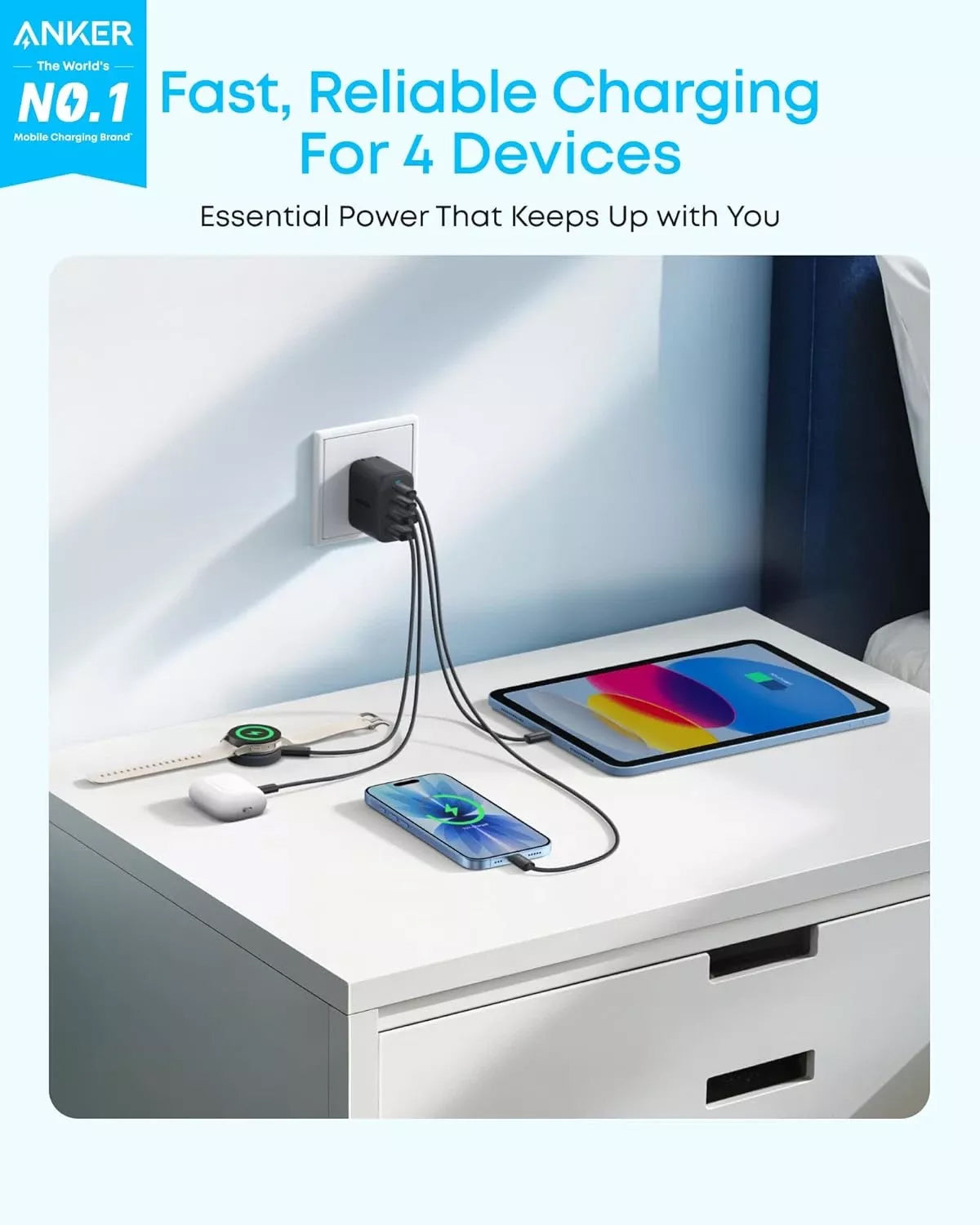 Anker Zolo Netlader, 50W, 3A, 2 x USB-A - 2 x USB-C, Zwart A121EG11