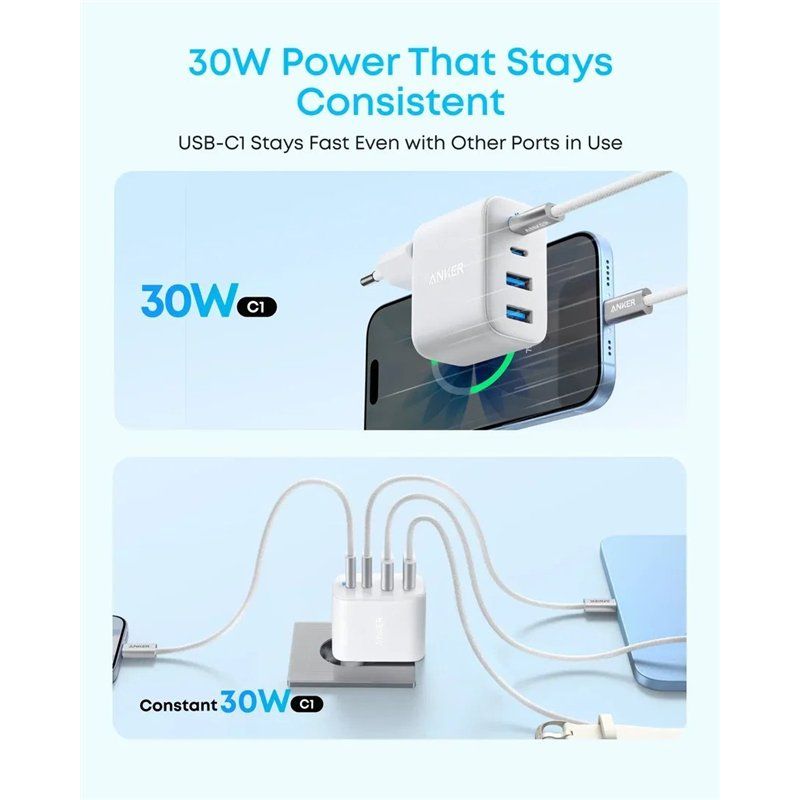 Anker Zolo Wall Charger, 50W, 3A, 2 x USB-A - 2 x USB-C, White A121EG21