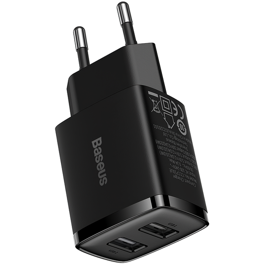 Baseus Compact Netwerkoplader, 10,5W, 2,1A, 2 x USB-A, Zwart CCXJ010201