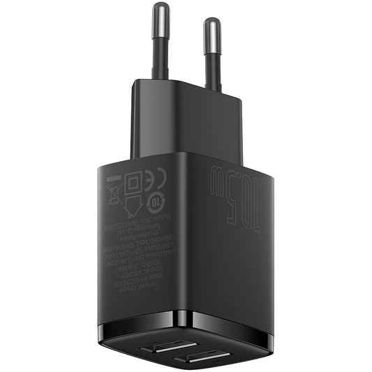 Baseus Compact Netwerkoplader, 10,5W, 2,1A, 2 x USB-A, Zwart CCXJ010201