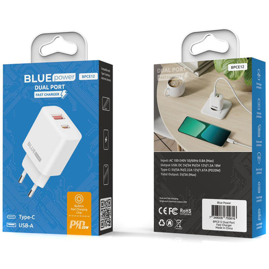 Netwerkoplader Blue Power BPCE12, 20W, 3A, 1 x USB-A - 1 x USB-C, Wit