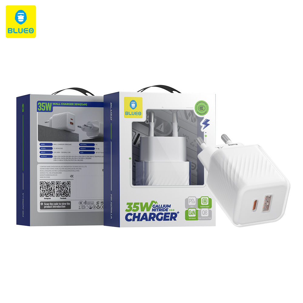 Blueo Netwerkoplader, 35W, 3A, 1 x USB-A - 1 x USB-C, Wit