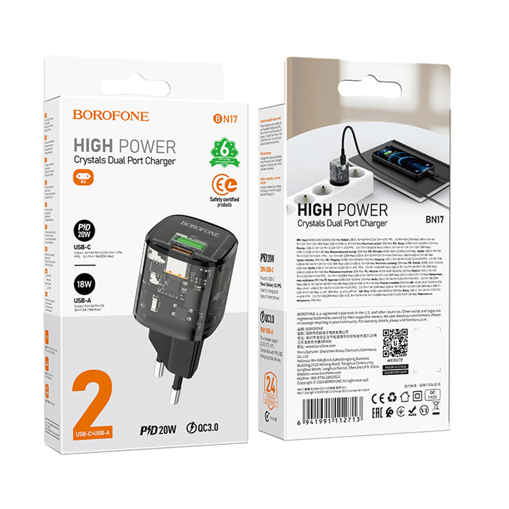 Netwerkoplader Borofone BN17 Sunlight, 20W, 3A, 1 x USB-A - 1 x USB-C, Zwart