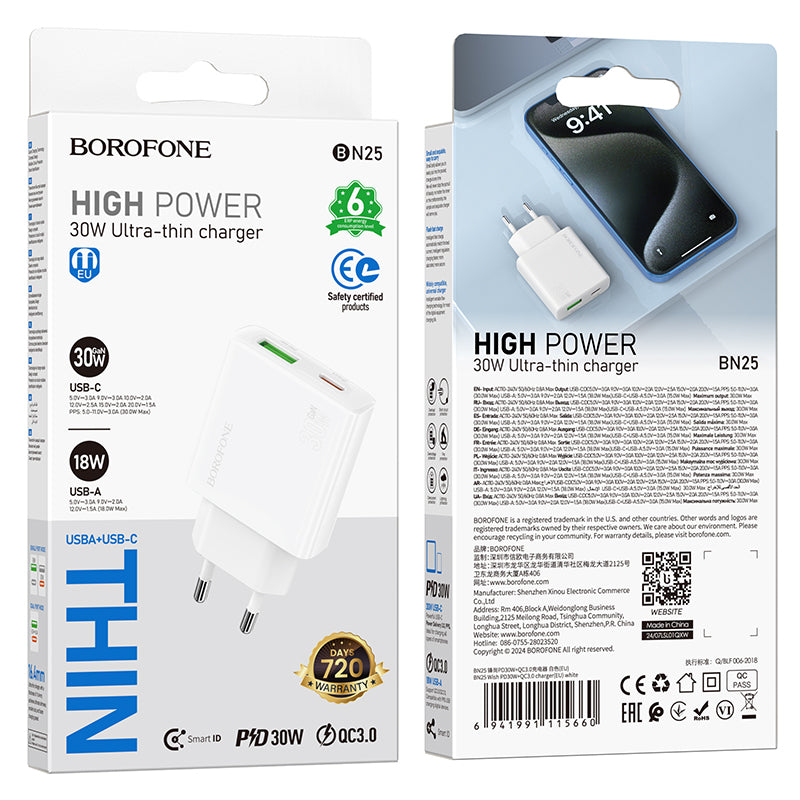Netwerkoplader Borofone BN25 Wish, 30W, 3A, 1 x USB-A - 1 x USB-C, Wit