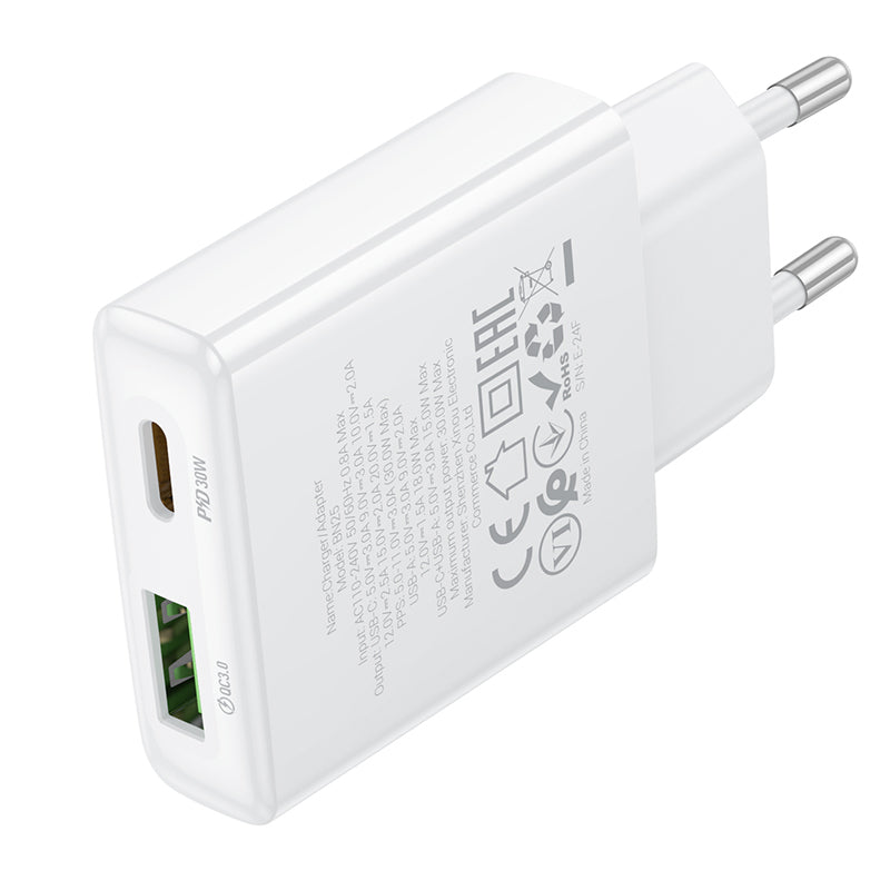 Netwerkoplader Borofone BN25 Wish, 30W, 3A, 1 x USB-A - 1 x USB-C, Wit