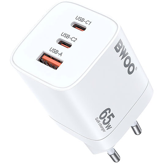 Netwerkoplader BWOO CDA147, 65W, 4.5A, 1 x USB-A - 2 x USB-C, Wit