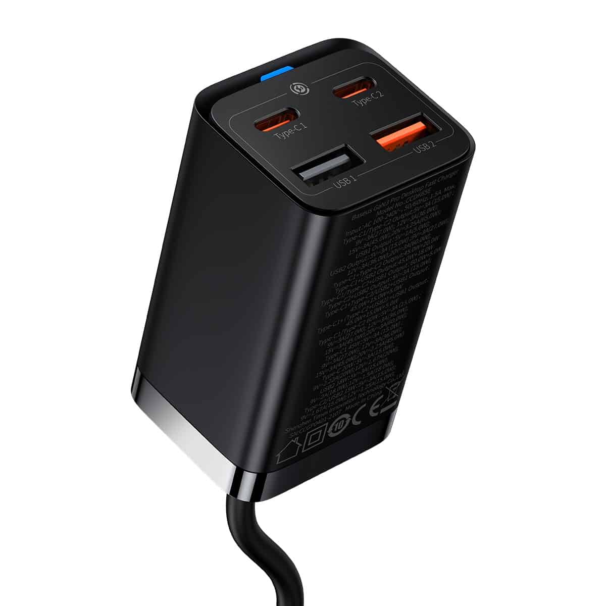Baseus GaN3 Pro Docking Station Oplader, 65W, 3A, 2 x USB-A - 2 x USB-C, Zwart CCGP040101