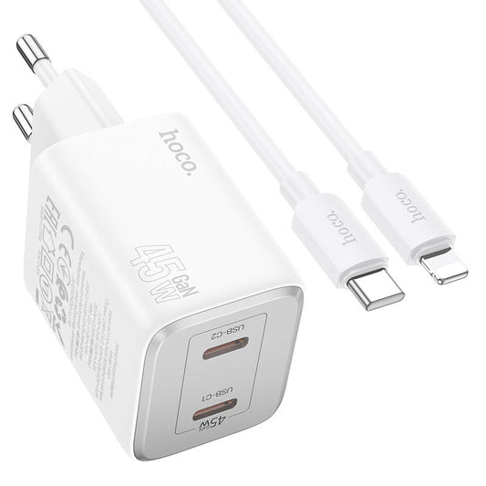 Netwerkoplader met Lightning-kabel HOCO N42, 45 W, 3 A, 2 x USB-C, Wit