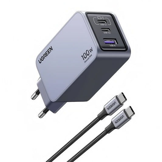UGREEN X757 Nexode Pro USB-C kabelnetwerklader, 100W, 3A, 1 x USB-A - 2 x USB-C, Grijs