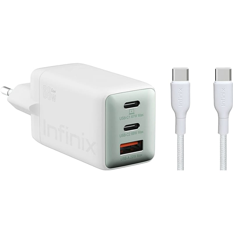 Netlader met USB-C Kabel Infinix XC07868EU + XDC95, 68W, 6.2A, 1 x USB-A - 2 x USB-C, Wit
