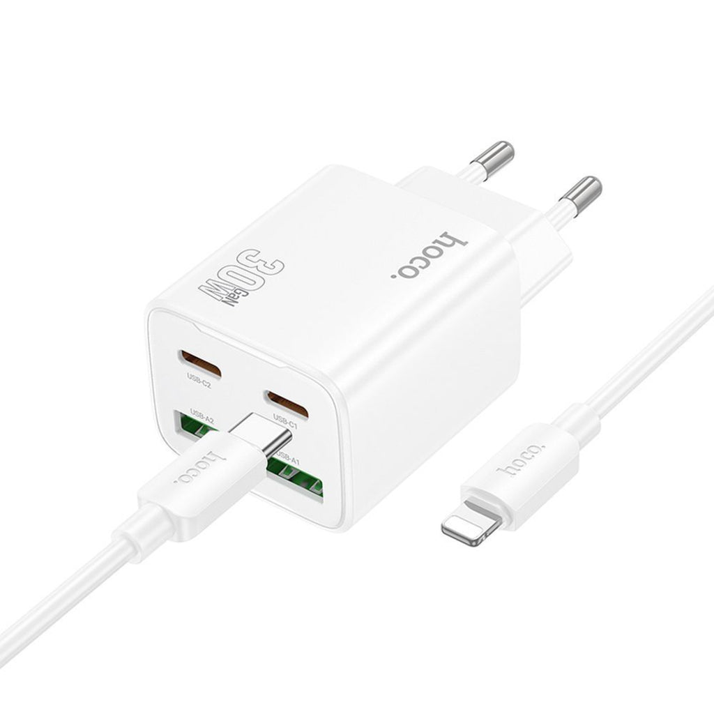 Netwerkoplader met Lightning Kabel HOCO N56, 30W, 3A, 2 x USB-A - 2 x USB-C, Wit