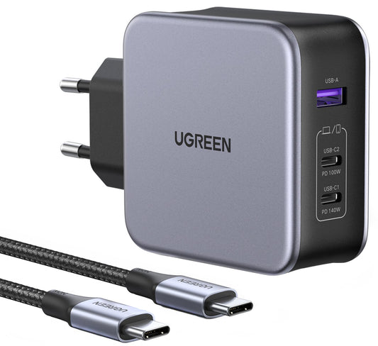 Netwerkoplader met USB-C Kabel UGREEN CD289, 140W, 5A, 1 x USB-A - 2 x USB-C, Grijs