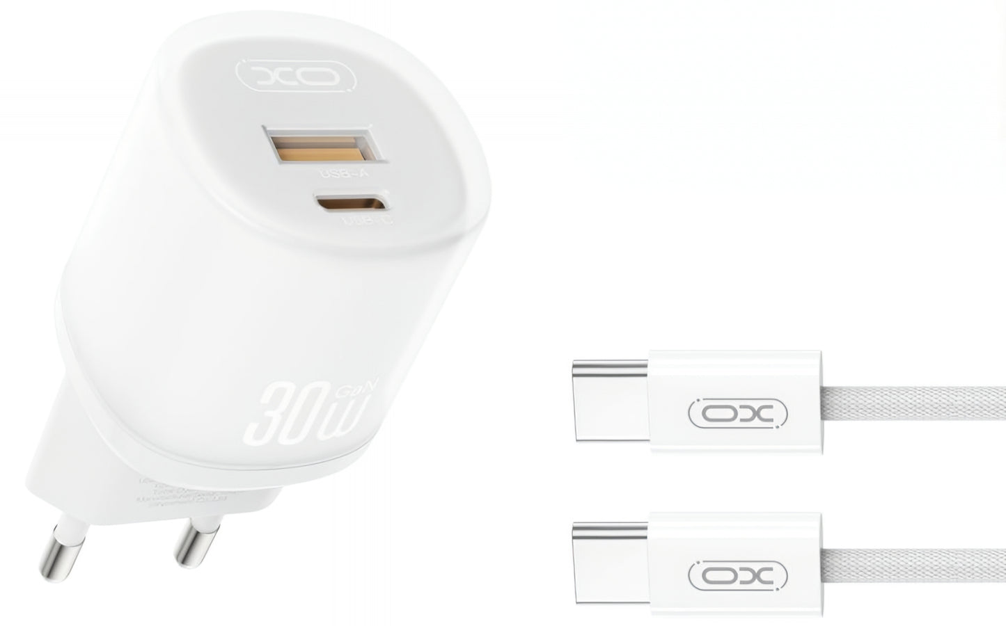 Netwerkoplader met USB-C Kabel XO Design L151, 30W, 3A, 1 x USB-A - 1 x USB-C, Wit