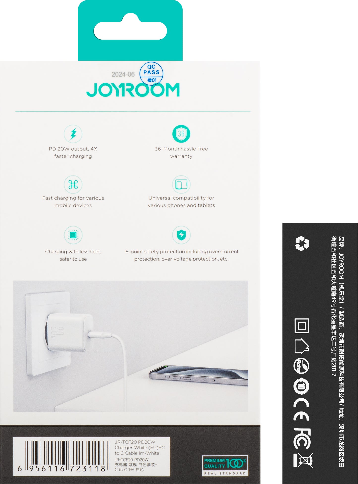 Network Charger with USB-C Cable Joyroom JR-TCF20, 20W, 3A, 1 x USB-C, White