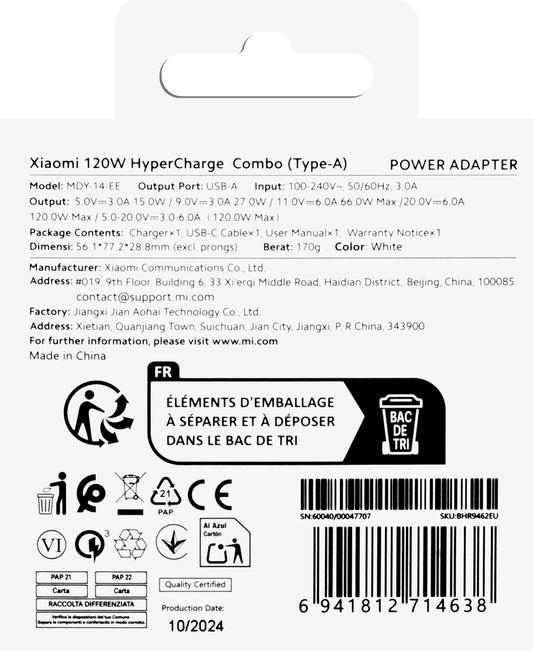 Xiaomi Netwerkoplader met USB-C kabel, 120W, 6A, 1 x USB-A, Wit BHR9462EU