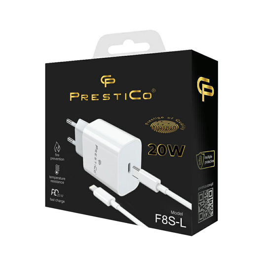 Netwerkoplader met Lightning-kabel Prestico F8S, 20W, 3A, 1 x USB-C, Wit