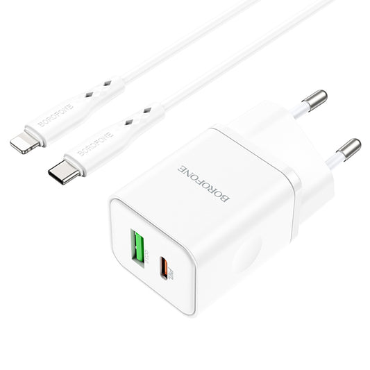 Netwerkoplader met Lightning-kabel Borofone BN7, 20W, 3A, 1 x USB-A - 1 x USB-C, Wit