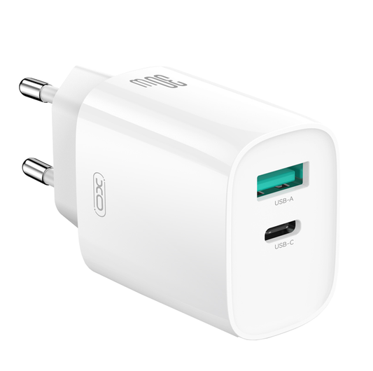 Netwerkoplader met Lightning-kabel XO Design CE30, 30W, 3A, 1 x USB-A - 1 x USB-C, Wit