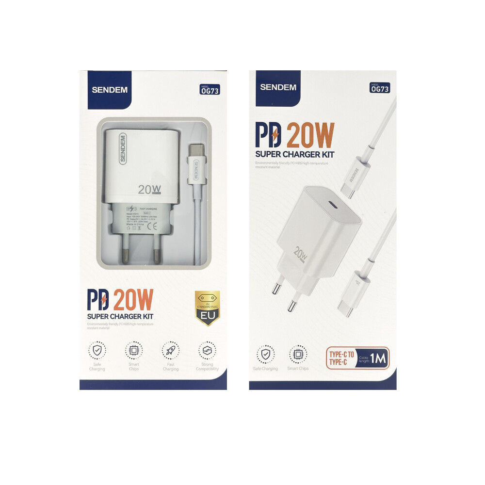 Netlader met USB-C-kabel Sendem OG73, 20W, 3A, 1 x USB-C, Wit