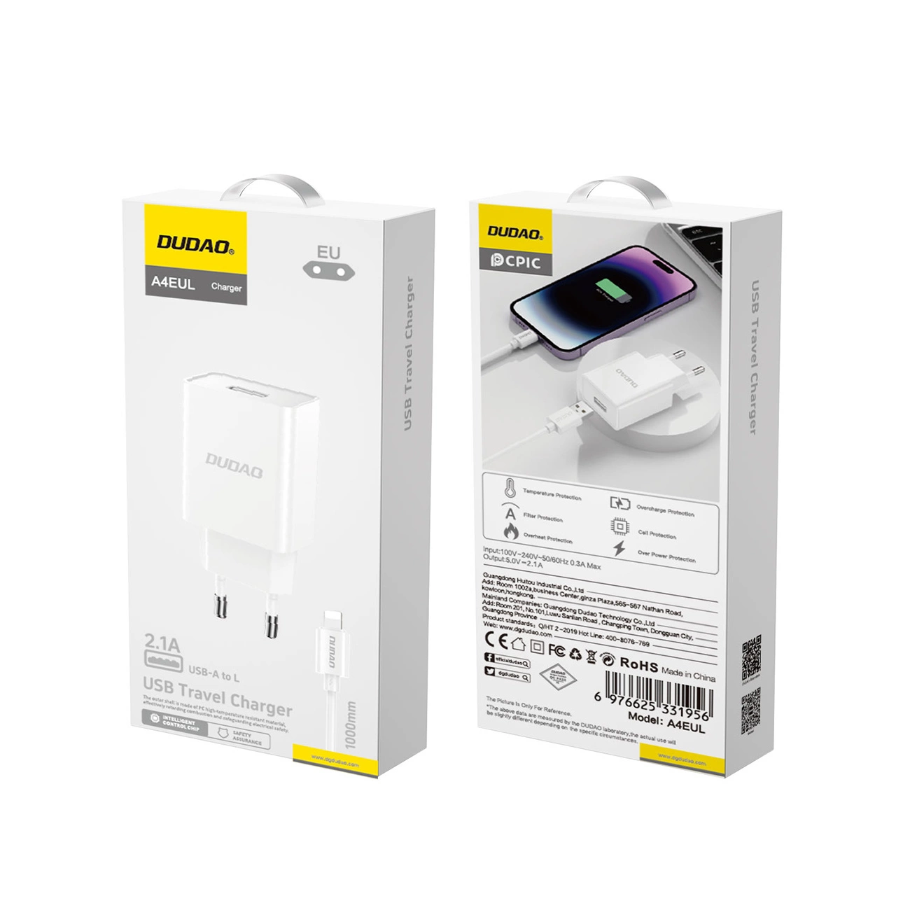 Netwerkoplader met Lightning-kabel Dudao A4EU, 10W, 2.1A, 1 x USB-A, Wit