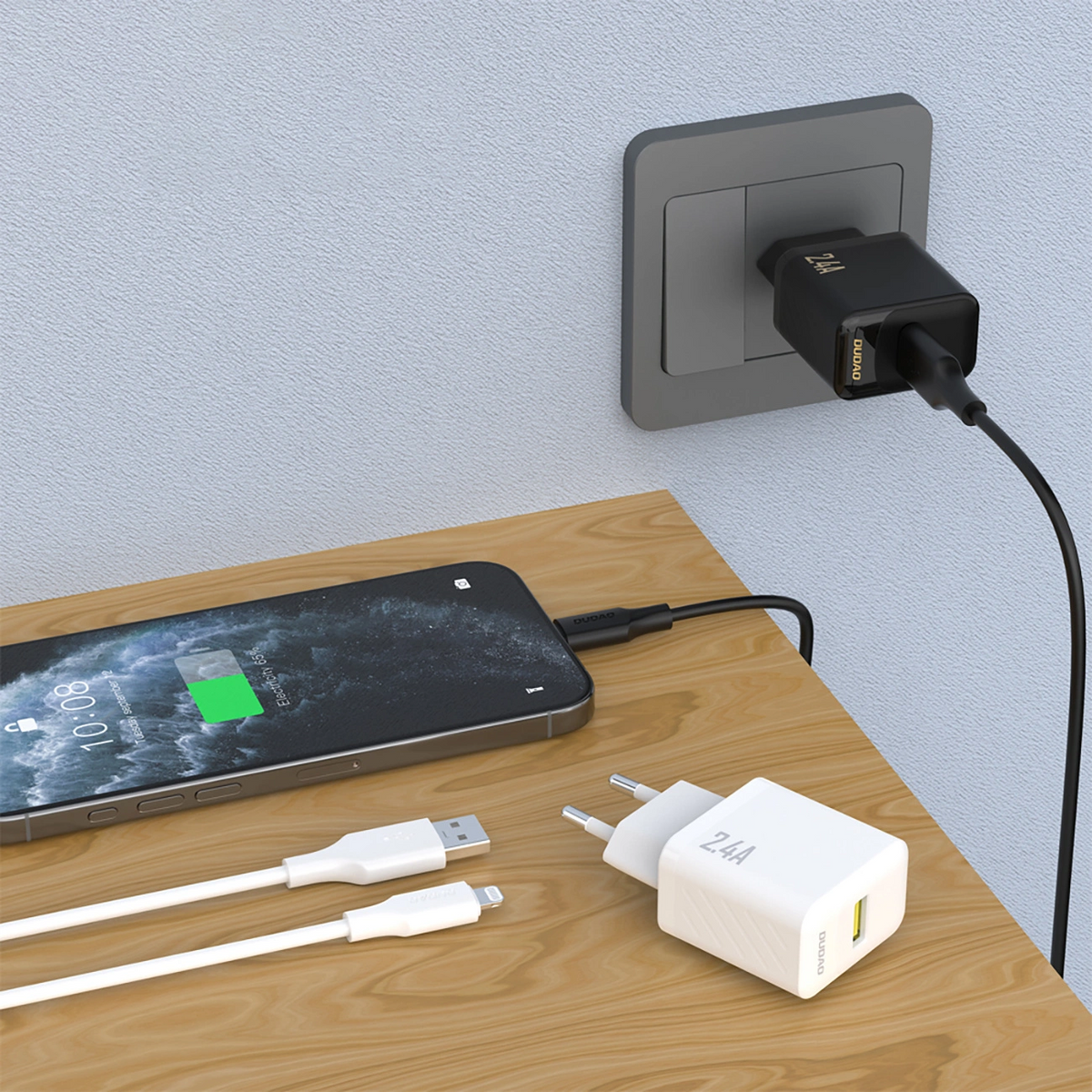 Netlader met Lightning-kabel Dudao A23LEU, 30W, 2.4A, 1 x USB-A, Wit