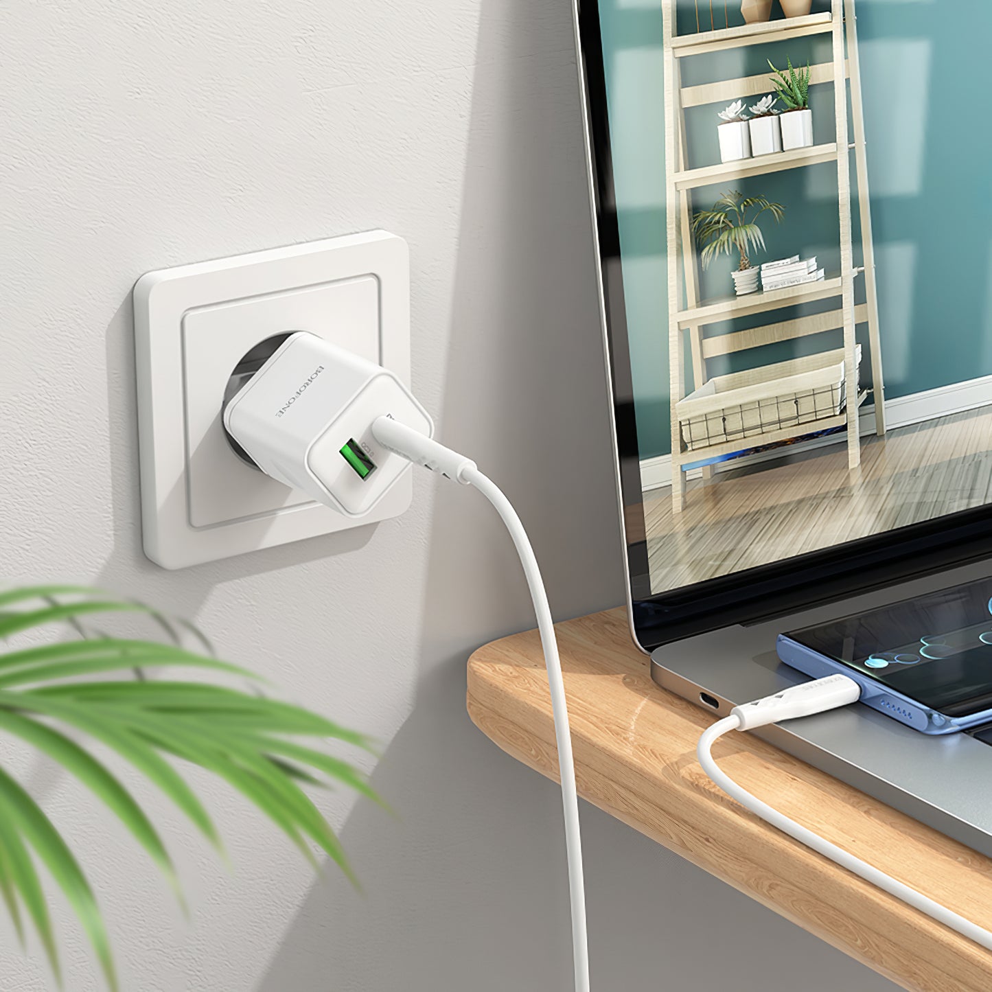 Netwerkoplader met USB-C kabel Borofone BN7, 20W, 3A, 1 x USB-A - 1 x USB-C, Wit