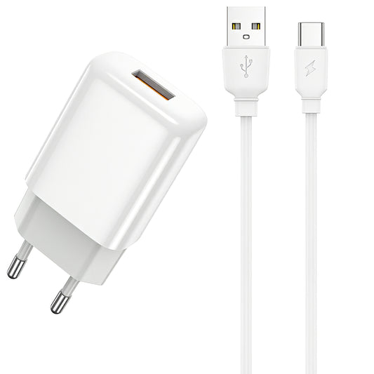Prestico F7S USB-C netwerkoplader met kabel, 12W, 2,4A, 1 x USB-A, wit