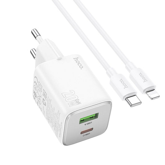 Netwerkoplader met Lightning-kabel HOCO N41, 20W, 3A, 1 x USB-A - 1 x USB-C, Wit