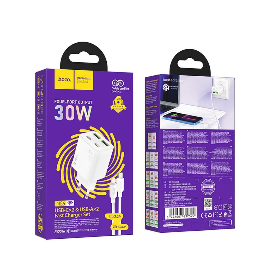 Netwerkoplader met Lightning Kabel HOCO N56, 30W, 3A, 2 x USB-A - 2 x USB-C, Wit