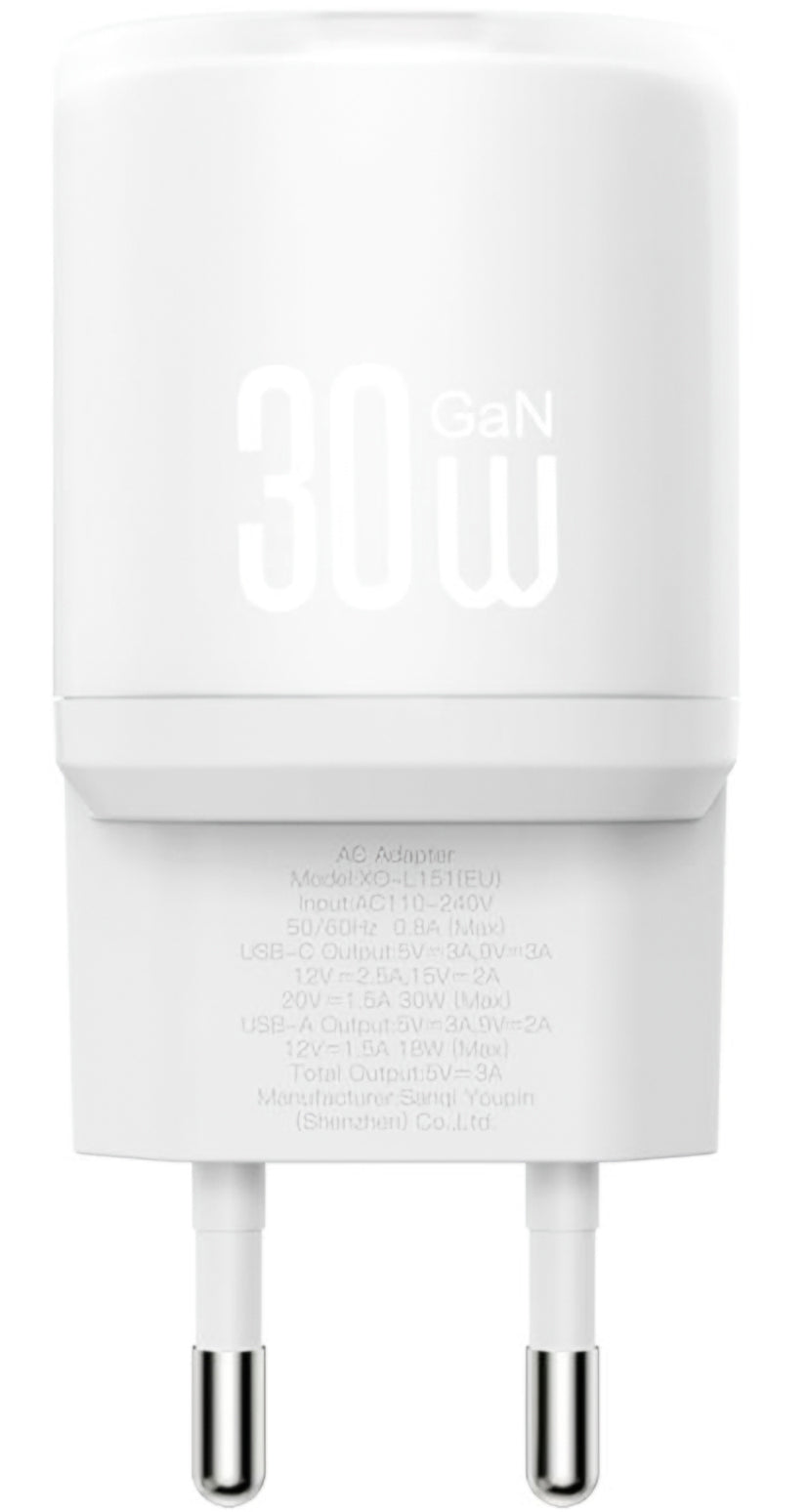 Netwerkoplader met USB-C Kabel XO Design L151, 30W, 3A, 1 x USB-A - 1 x USB-C, Wit