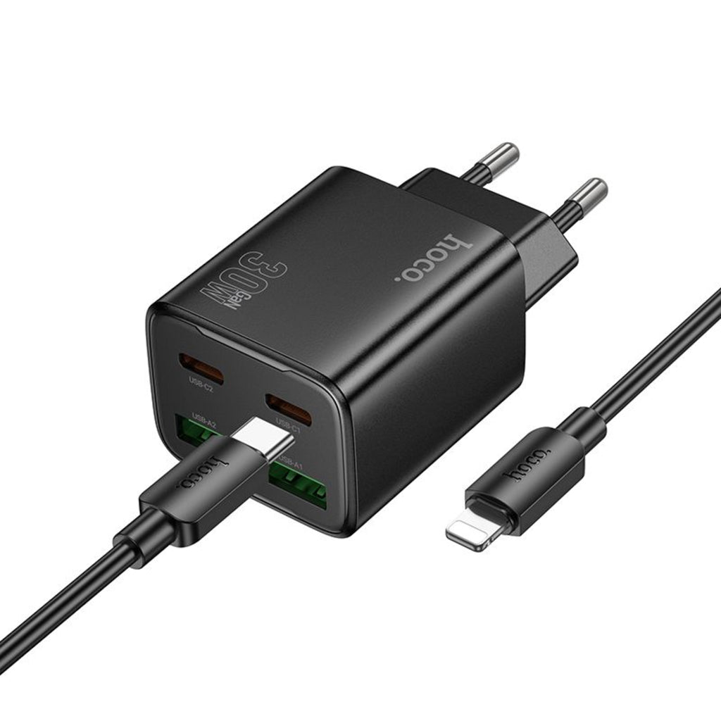 Netwerkoplader met Lightning Kabel HOCO N56, 30W, 3A, 2 x USB-A - 2 x USB-C, Zwart