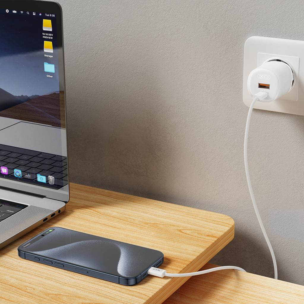 Netwerkoplader met USB-C Kabel XO Design L151, 30W, 3A, 1 x USB-A - 1 x USB-C, Wit