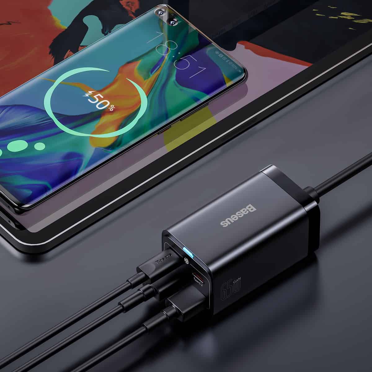 Baseus GaN3 Pro Docking Station Oplader, 65W, 3A, 2 x USB-A - 2 x USB-C, Zwart CCGP040101